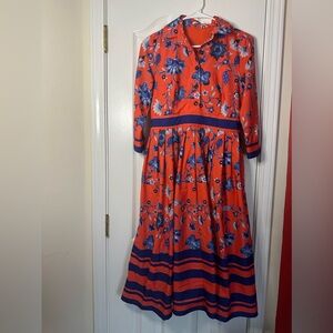 Wayward Fancies eShakti Small Floral Red &‎ Blue Tea Length Dress 3/4 sleeve